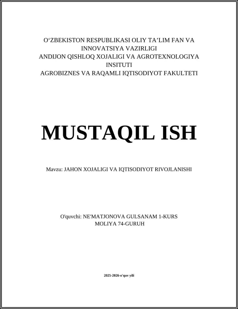 JAHON XOJALIGI VA IQTISODIYOT RIVOJLANISHI