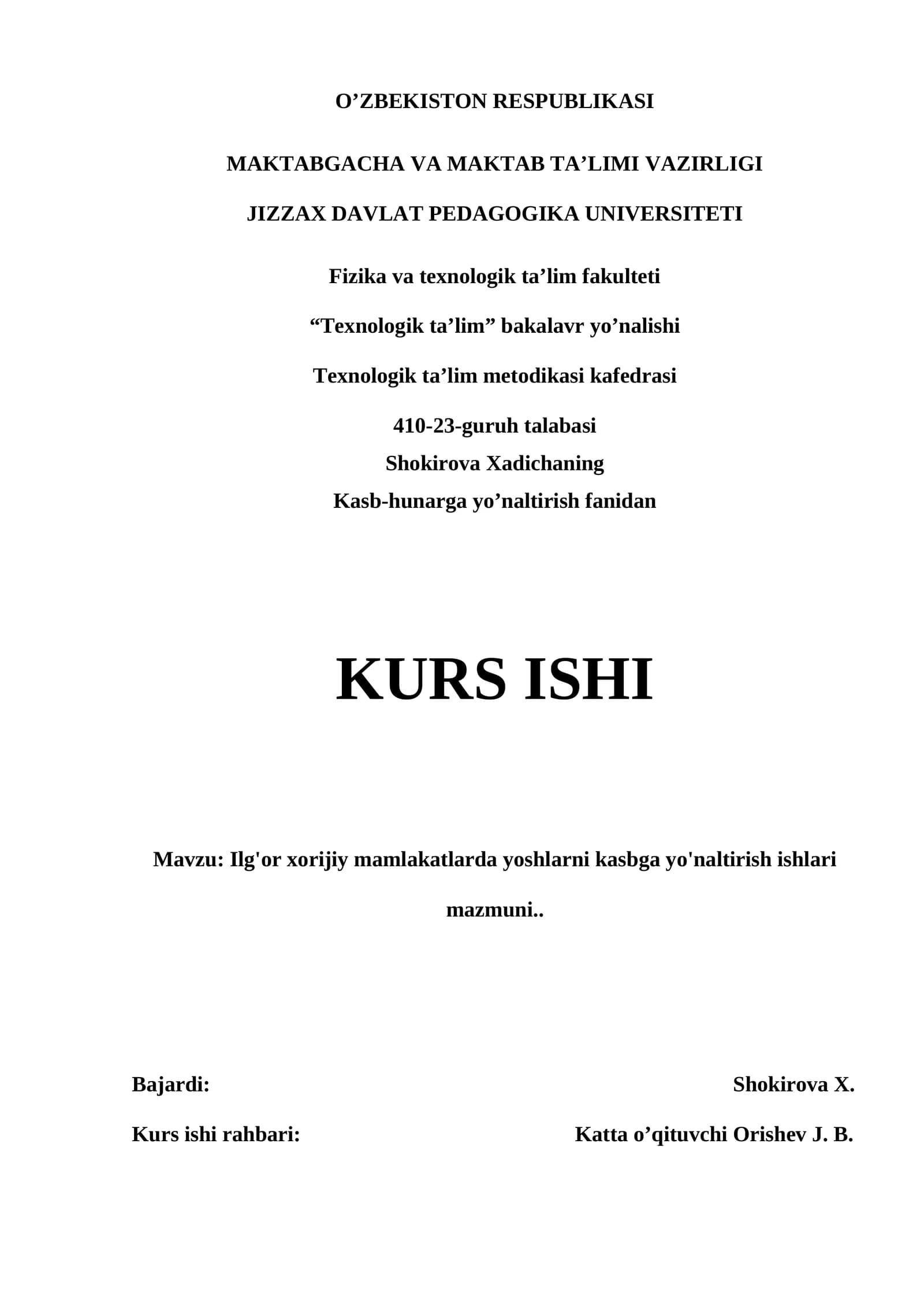 Ilg'or xorijiy mamlakatlarda yoshlarni kasbga yo'naltirish ishlari mazmuni