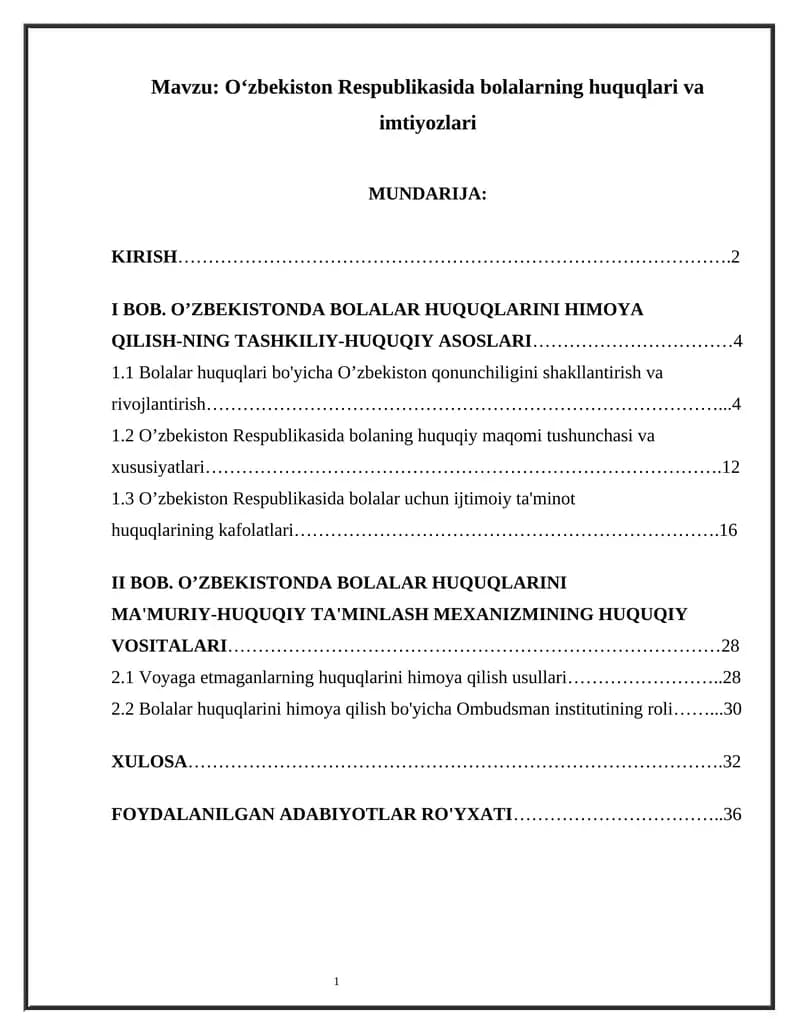 Oʻzbekiston Respublikasida bolalarning huquqlari va imtiyozlari
