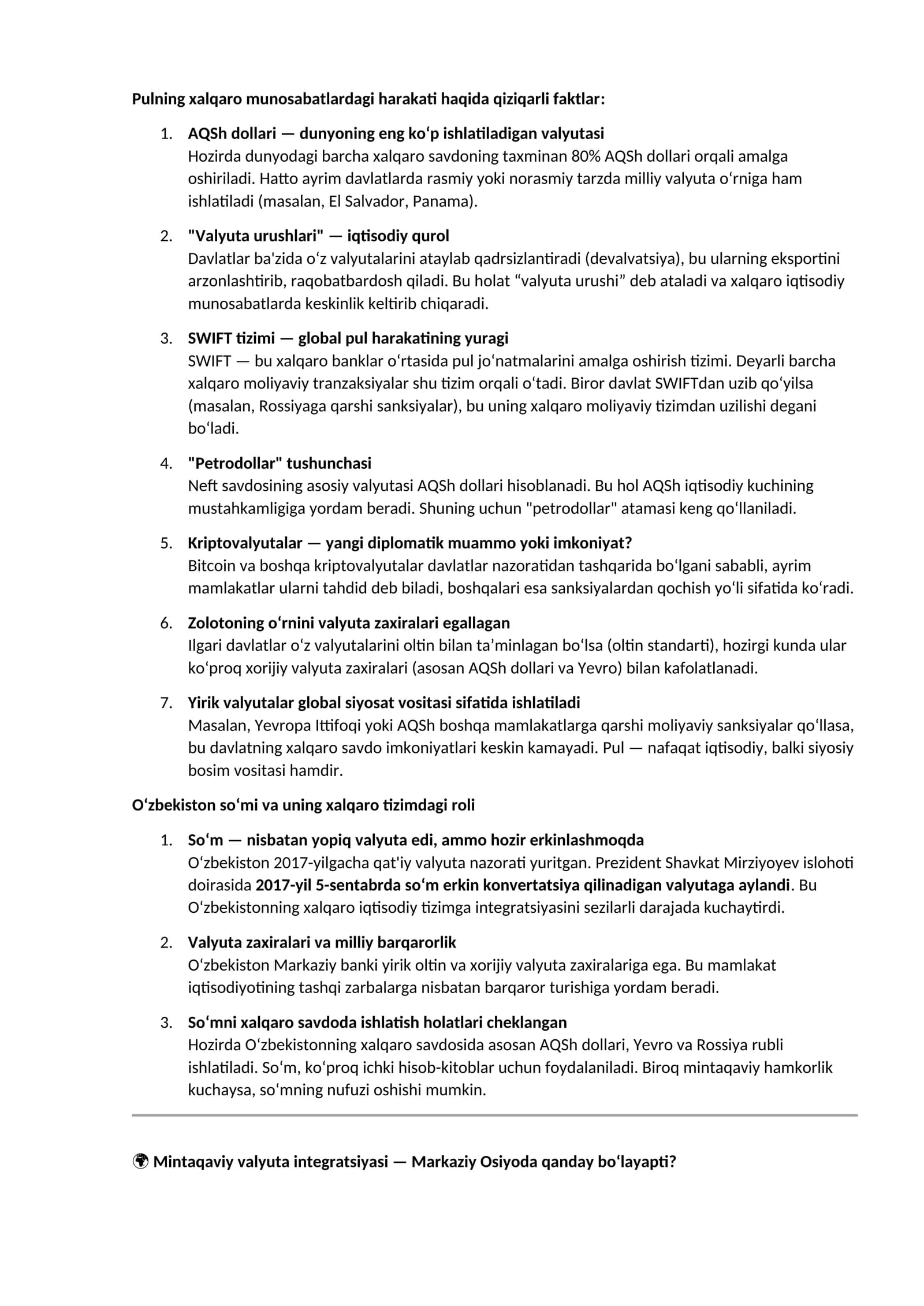Pulning xalqaro munosabatlardagi harakati haqida qiziqarli faktlar