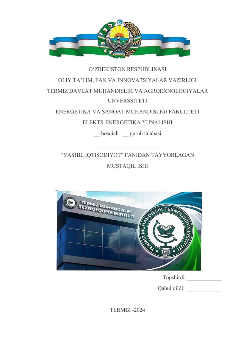 Qozog’iston respublikasida ,, Yashil iqtisodiyot”ni rivojlantirish strategiyanisining ustuvor yo’nalishlar
