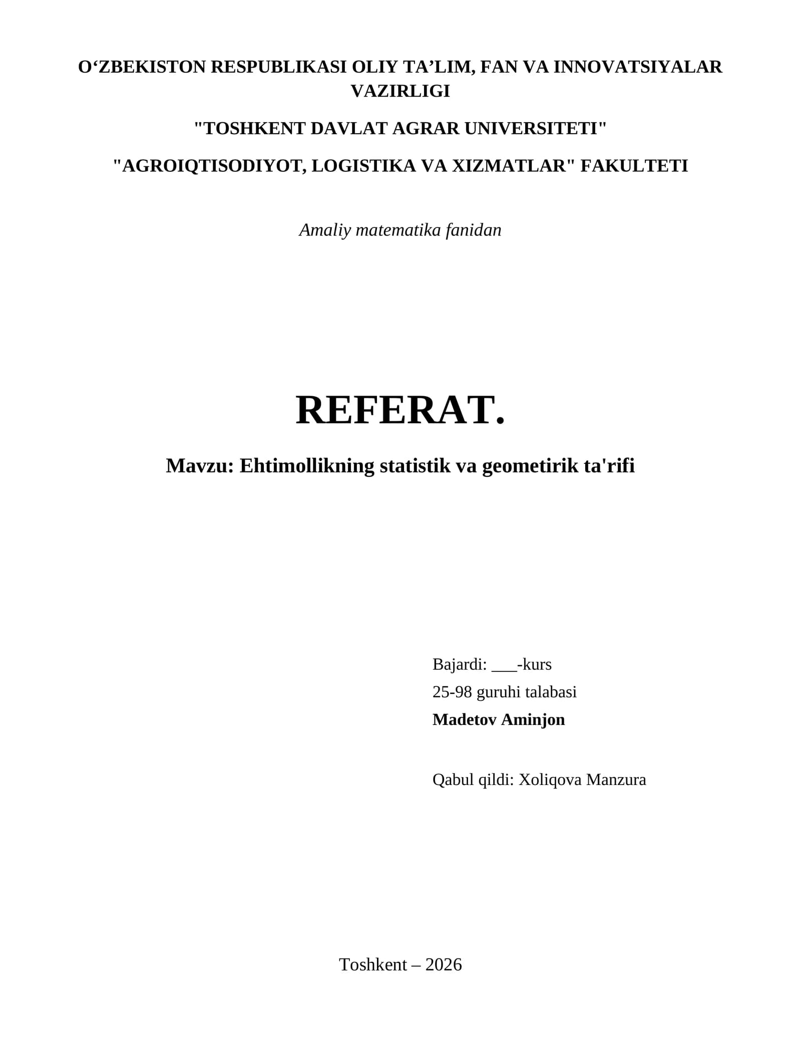 Ehtimollikning statistik va geometirik ta'rifi
