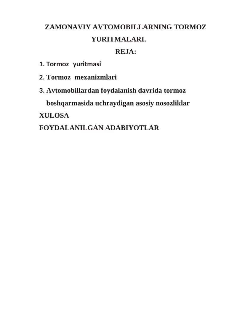 ZAMONAVIY AVTOMOBILLARNING TORMOZ YURITMALARI