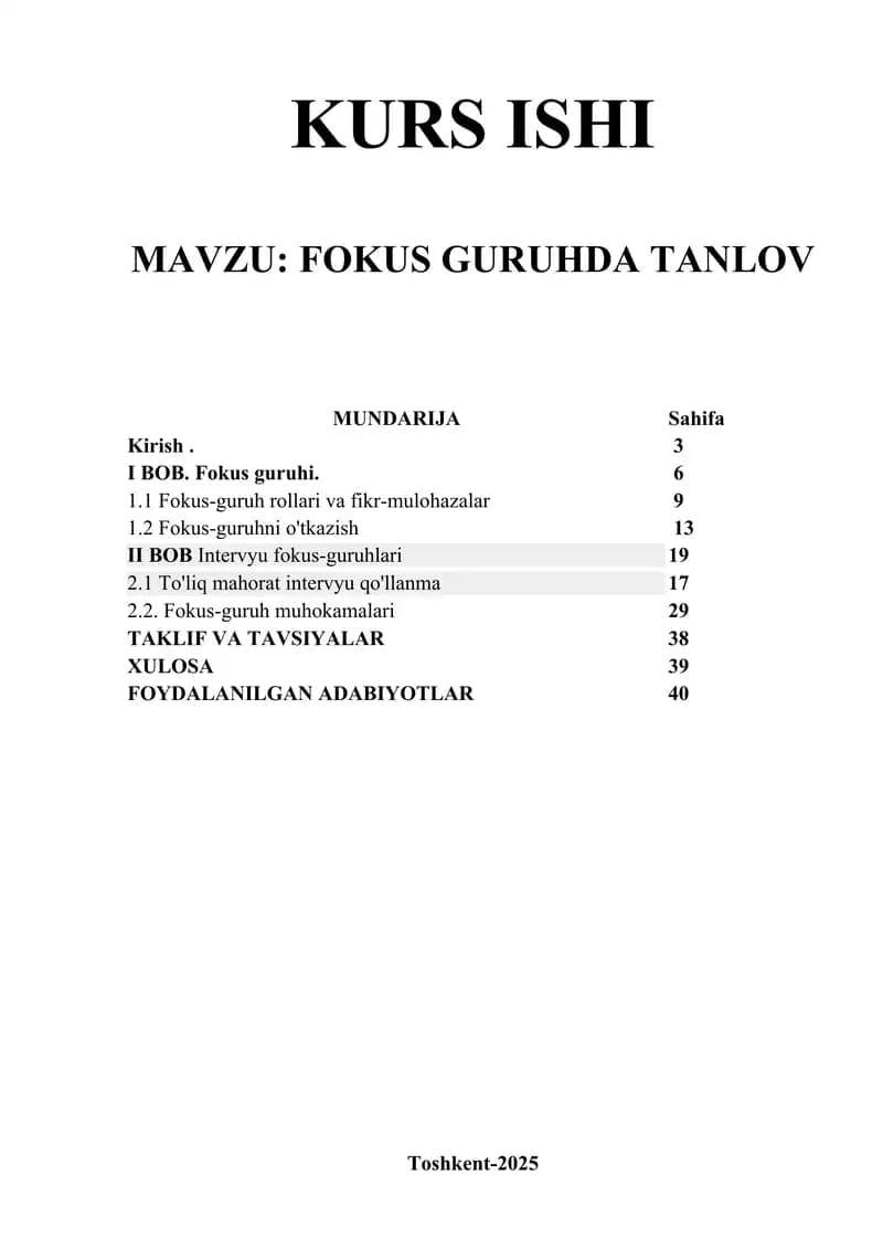 Fokus guruhda tanlov Kurs ishi