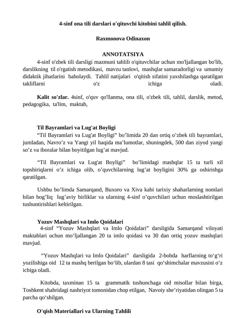 4-sinf ona tili darslari o'qituvchi kitobi