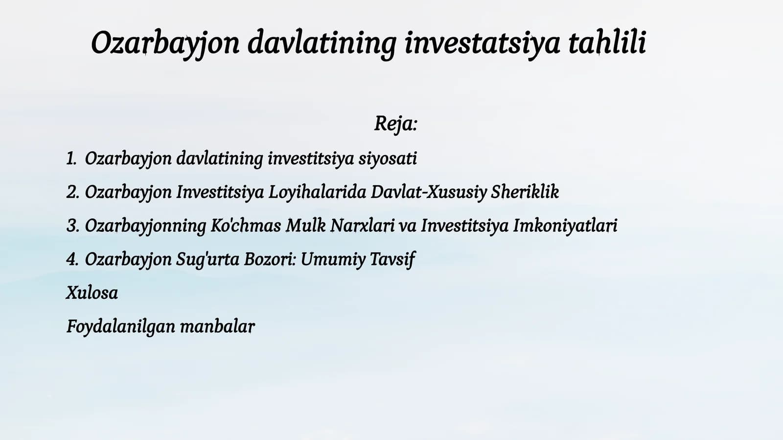 Ozarbayjon davlatining investatsiya tahlili
