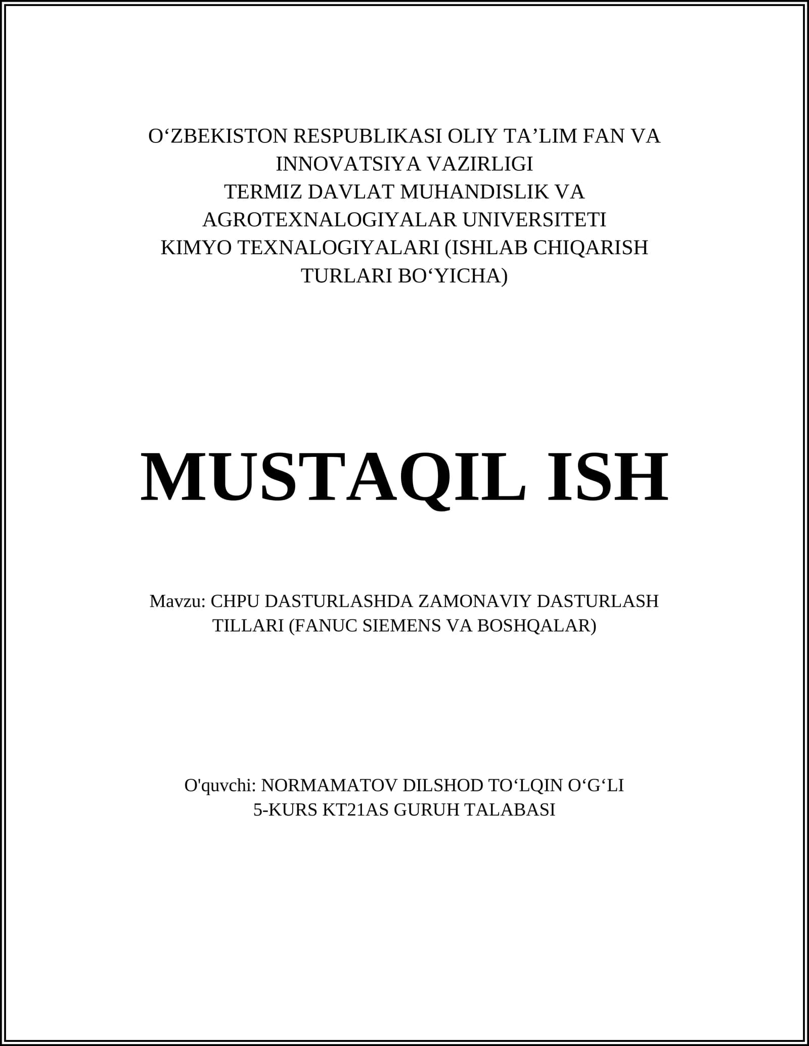 CHPU DASTURLASHDA ZAMONAVIY DASTURLASH TILLARI (FANUC SIEMENS VA BOSHQALAR)