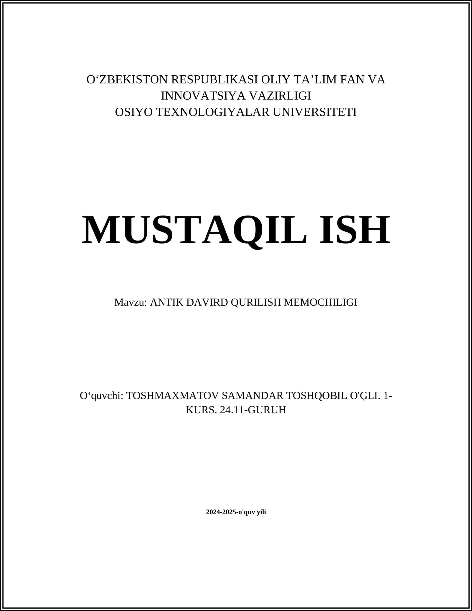 ANTIK DAVIRD QURILISH MEMOCHILIGI
