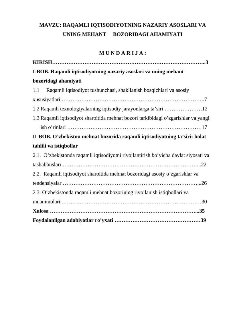 Raqamli iqtisodiyotning nazariy asoslari va uning mehant bozoridagi ahamiyati