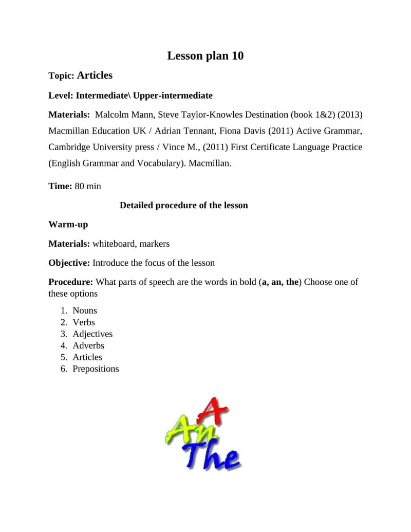Definite and Indefinite Articles Lesson Plan