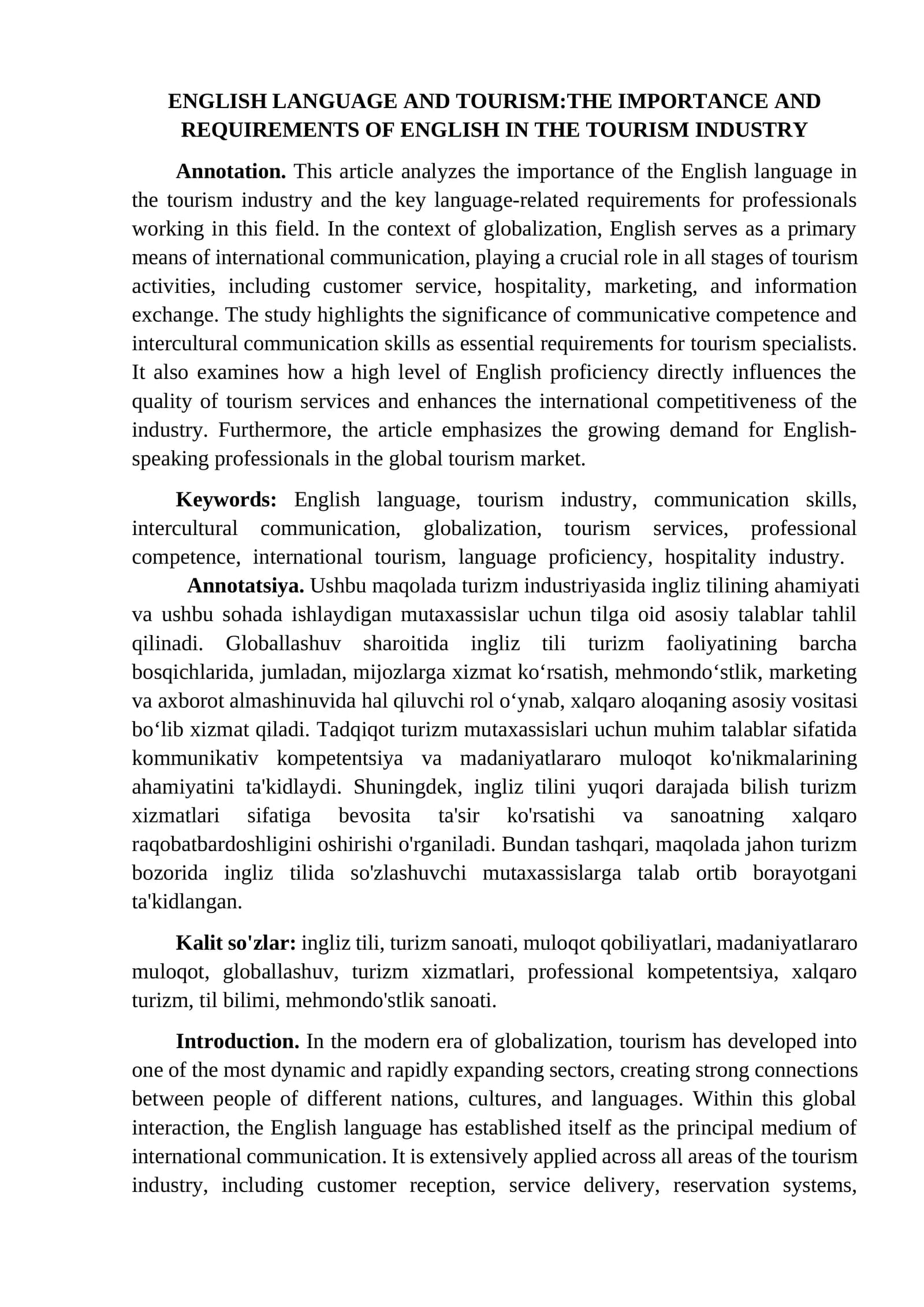 ENGLISH LANGUAGE AND TOURISM:THE IMPORTANCE AND REQUIREMENTS OF ENGLISH IN THE TOURISM INDUSTRY