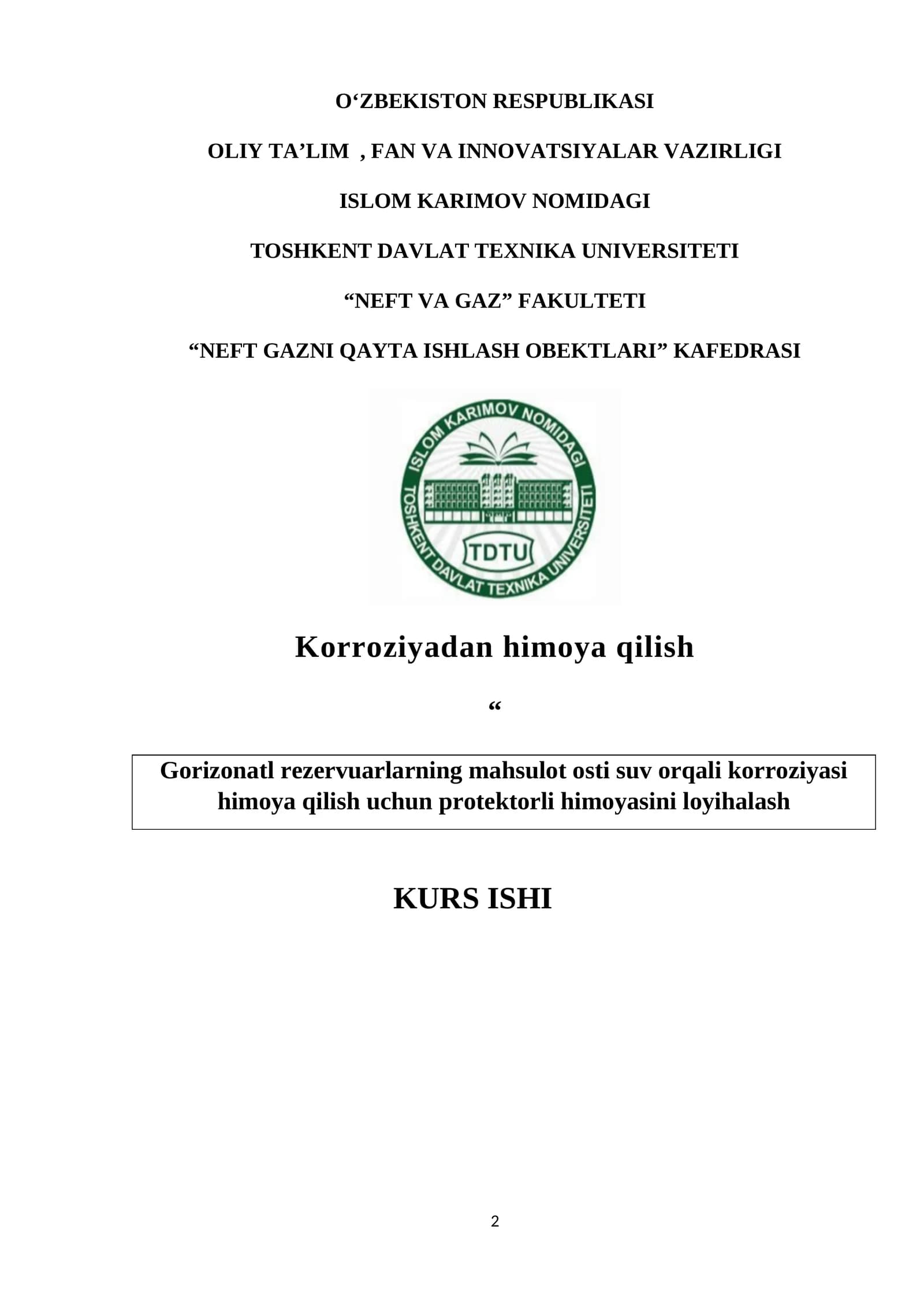 Gorizonatl rezervuarlarning mahsulot osti suv orqali korroziyasi himoya qilish uchun protektorli himoyasini loyihalash