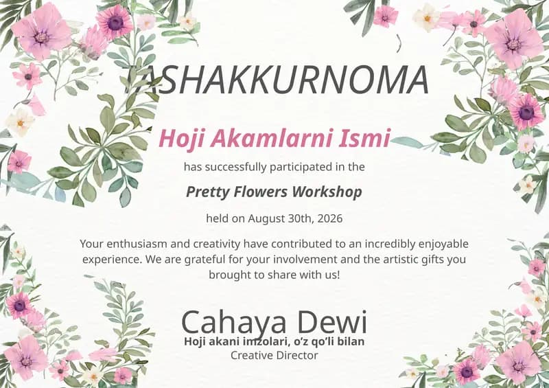 Tashakkurnoma shablon tayyori andoza