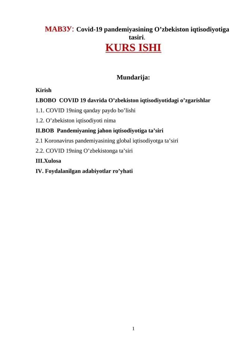 Covid-19 pandemiyasining O’zbekiston iqtisodiyotiga tasiri