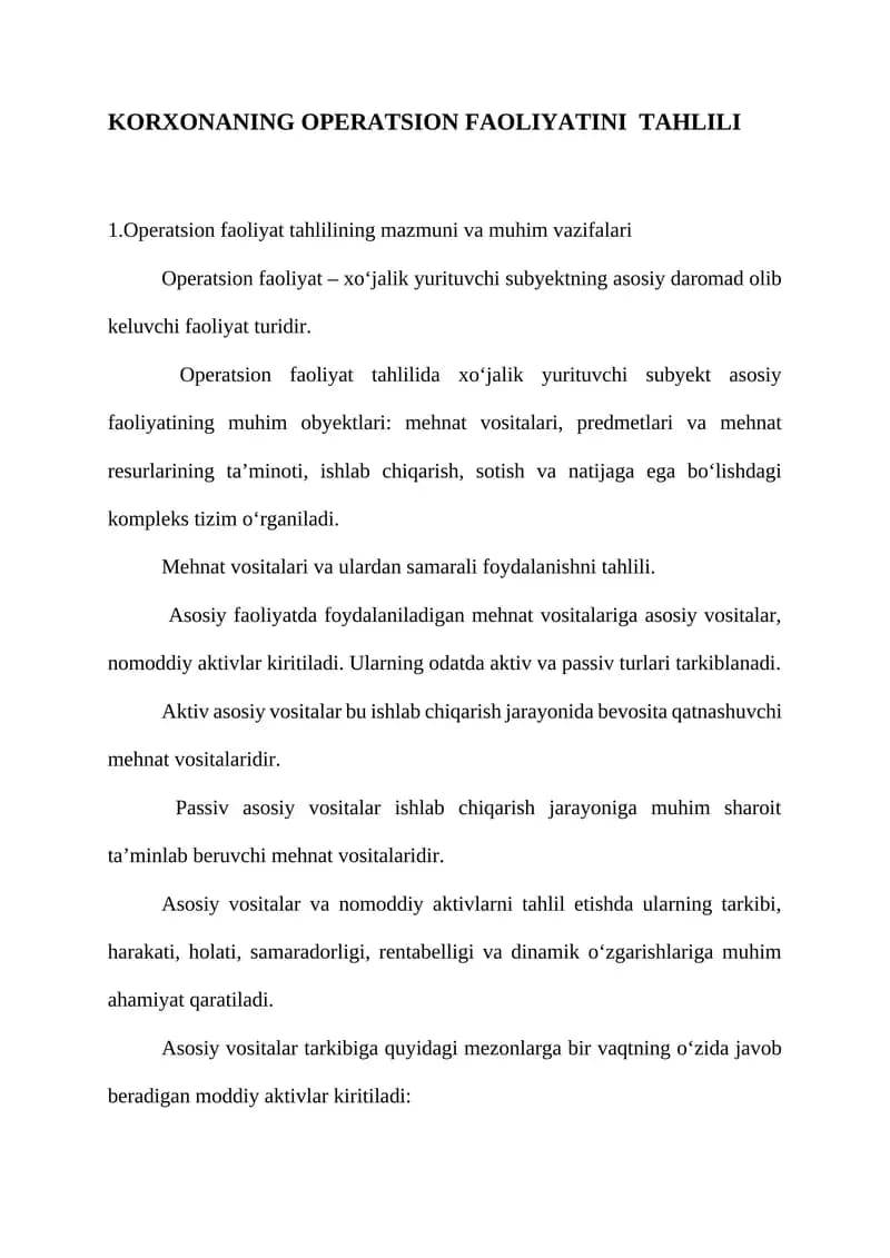 Korxonaning operatsion faoliyatini tahlili