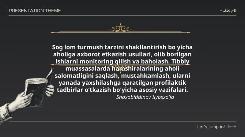 Sog lom turmush tarzini shakllantirish bo yicha aholiga axborot etkazish usullari, olib borilgan ishlarni monitoring qilish va baholash. Tibbiy muassasalarda hamshiralarining aholi salomatligini saqlash, mustahkamlash, ularni yanada yaxshilashga qaratilgan profilaktik tadbirlar oʻtkazish bo'yicha asosiy vazifalari.