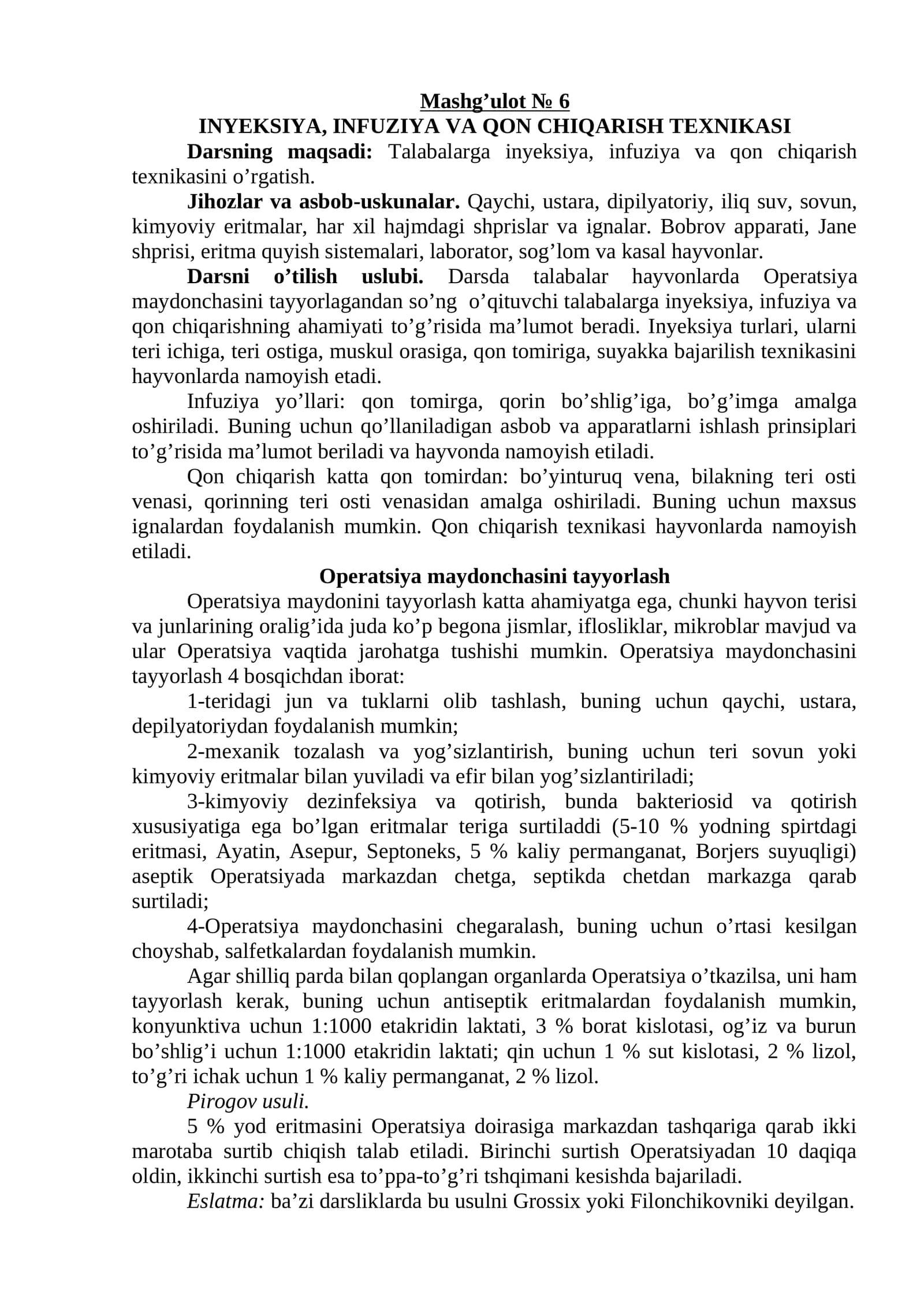 INYEKSIYA, INFUZIYA VA QON CHIQARISH TEXNIKASI