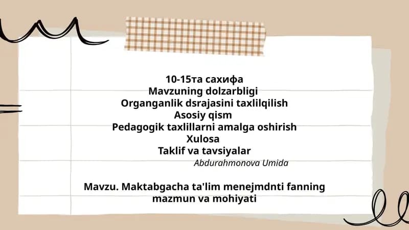 Maktabgacha ta'lim menejmdnti fanning mazmun va mohiyati