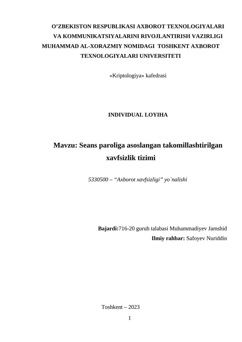Seans paroliga asoslangan takomillashtirilgan xavfsizlik tizimi