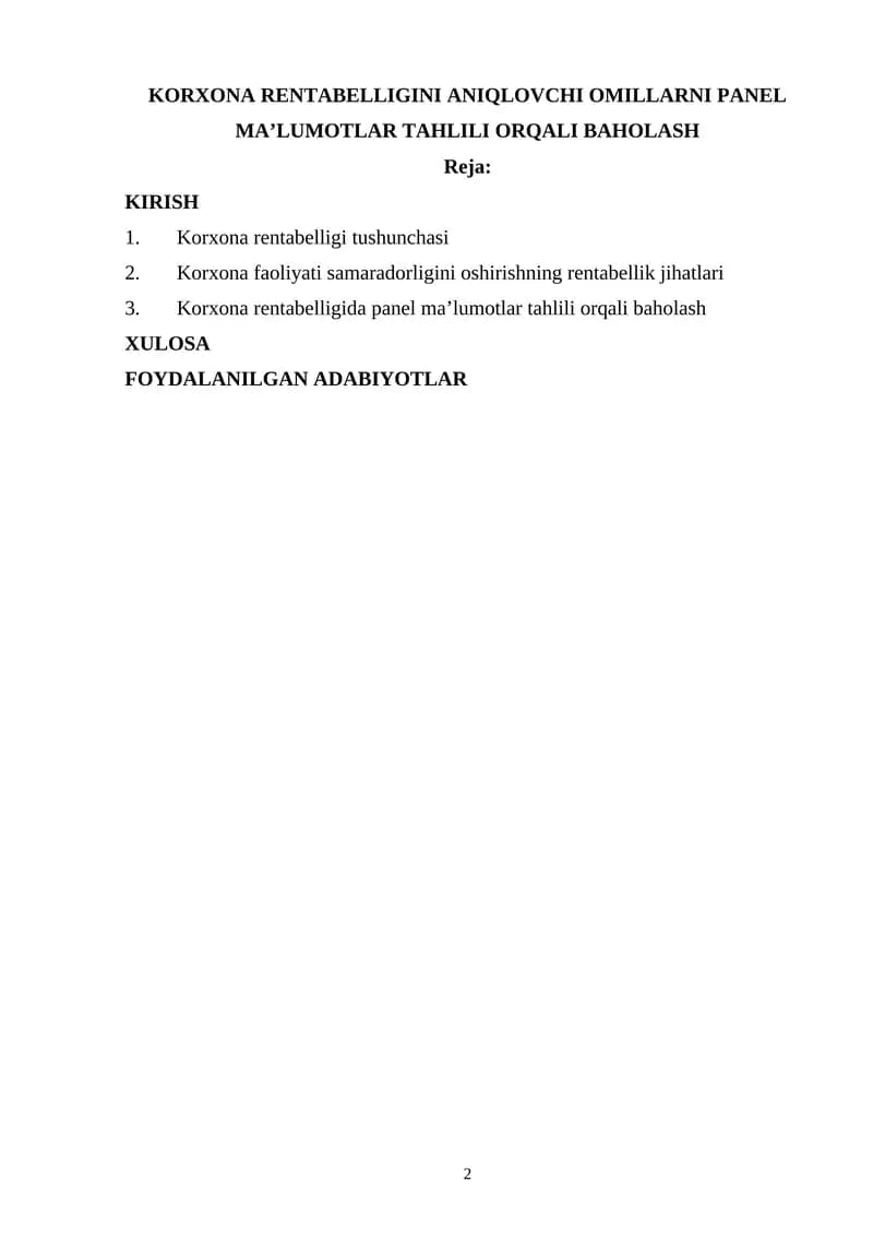 KORXONA RENTABELLIGINI ANIQLOVCHI OMILLARNI PANEL MA’LUMOTLAR TAHLILI ORQALI BAHOLASH