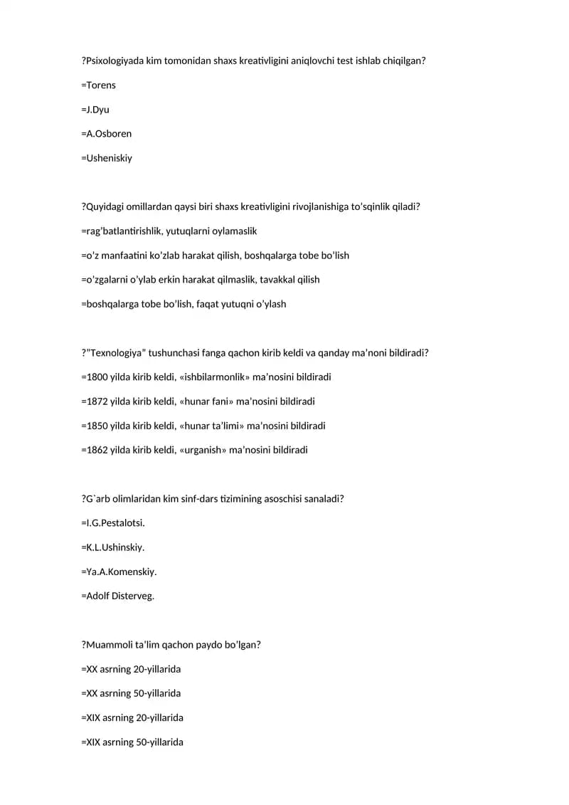 Psixologiyada kim tomonidan shaxs kreativligini aniqlovchi test ishlab chiqilgan?