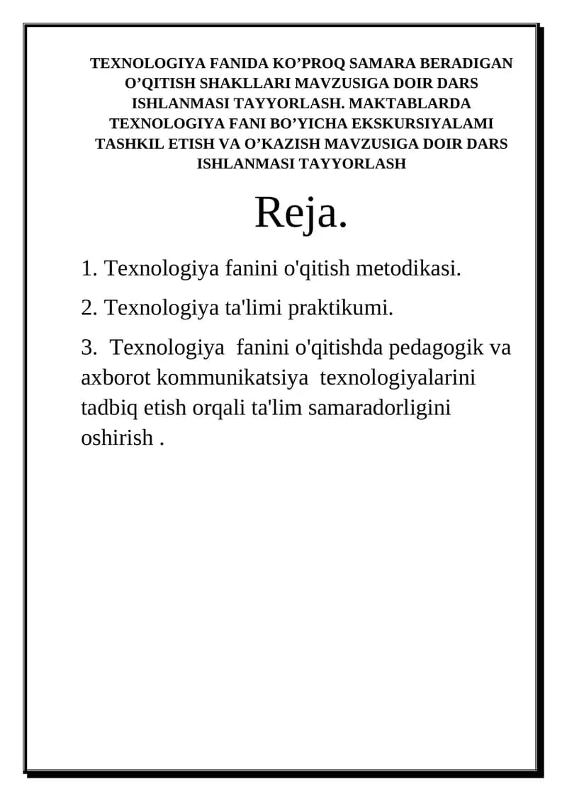 Texnologiya Fani Dars Ishlanmasi