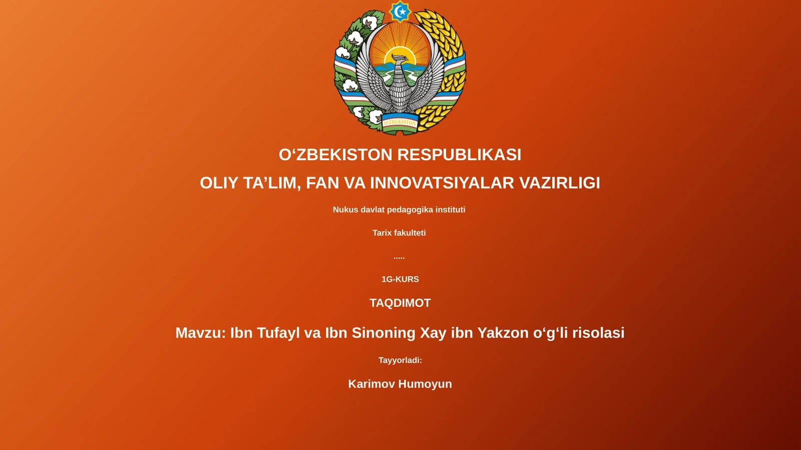 Ibn Tufayl va Ibn Sinoning Xay ibn Yakzon oʻgʻli risolasi