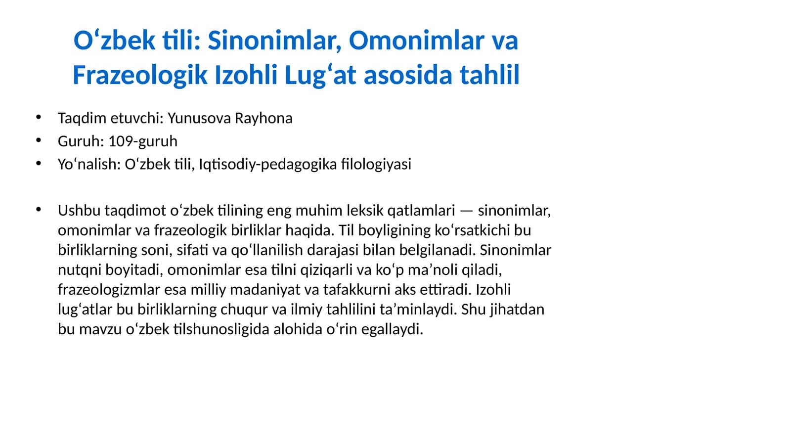 O‘zbek tili: Sinonimlar, Omonimlar va Frazeologik Izohli Lug‘at asosida tahlil