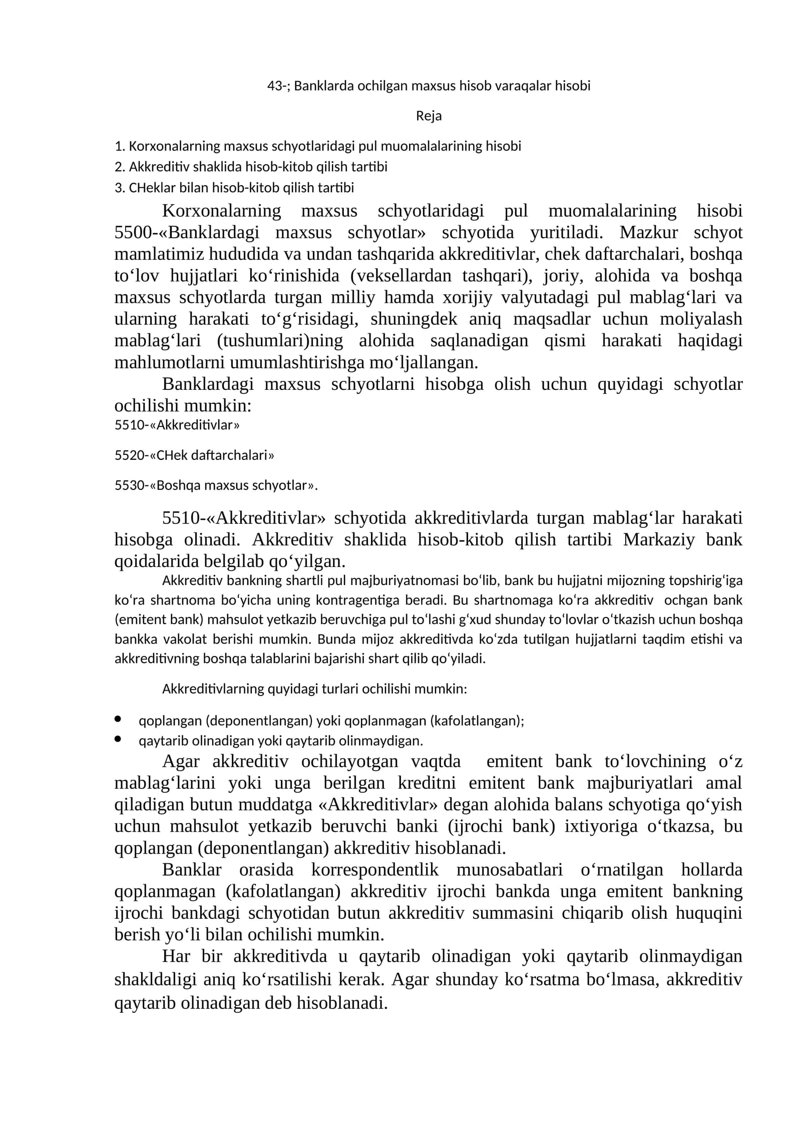 Banklarda ochilgan maxsus hisob varaqalar hisobi