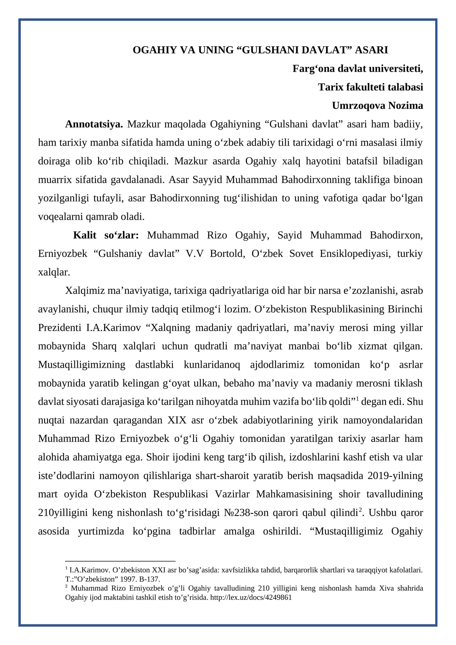 OGAHIY VA UNING “GULSHANI DAVLAT” ASARI