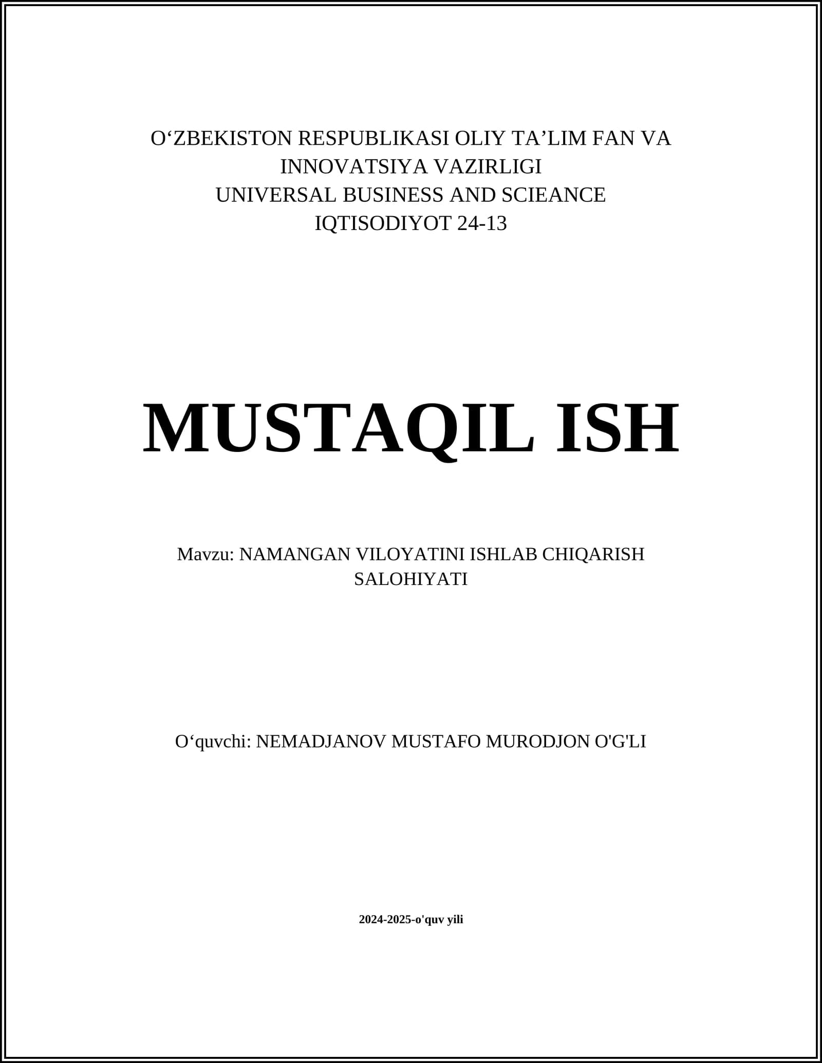 NAMANGAN VILOYATINI ISHLAB CHIQARISH SALOHIYATI