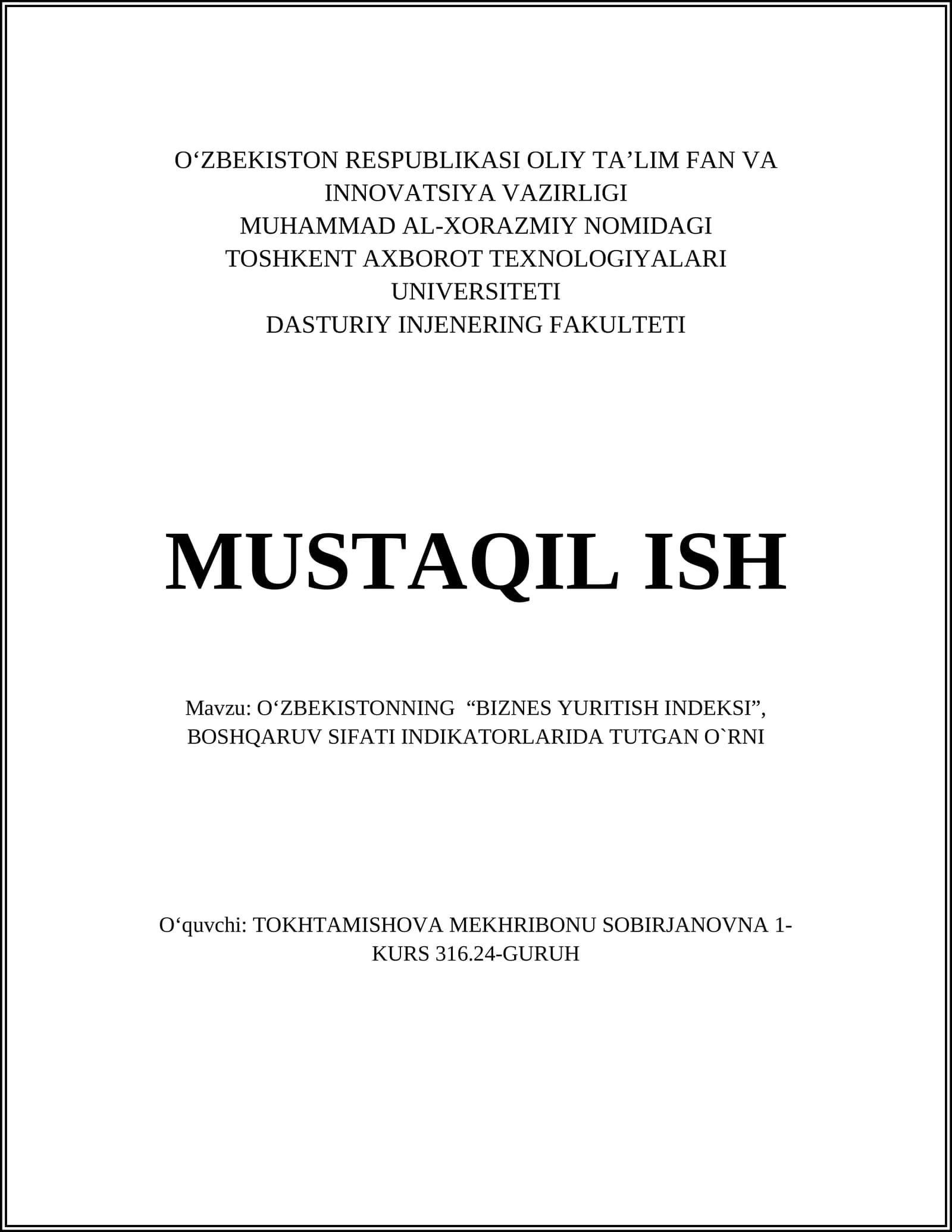 O‘ZBEKISTONNING “BIZNES YURITISH INDEKSI”, BOSHQARUV SIFATI INDIKATORLARIDA TUTGAN O`RNI