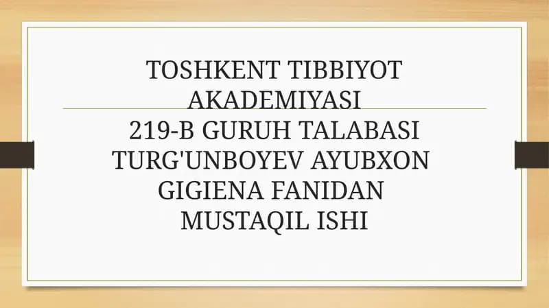 Favqulot davaziyatlarda umumiy amaliyot shifokorifa faoliyatining gigienik jihatlari
