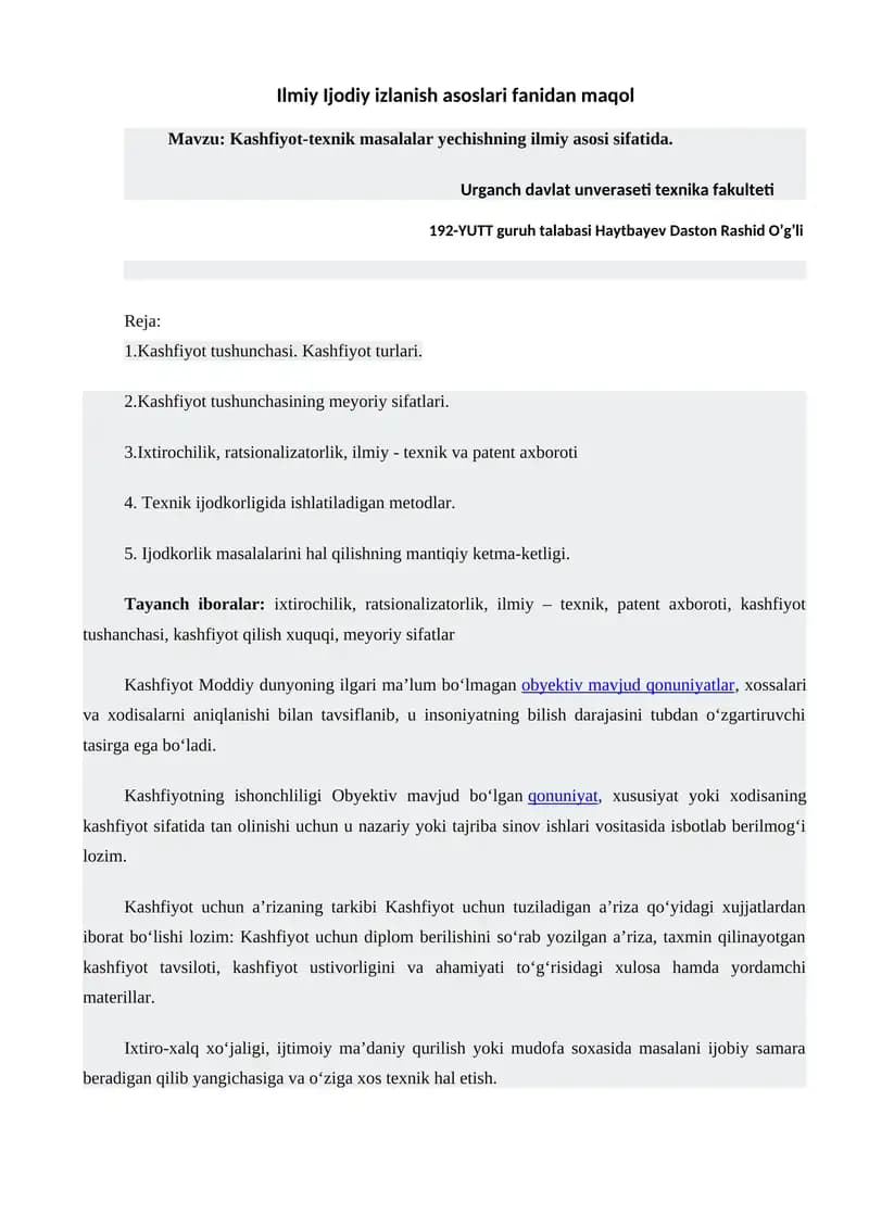 Kashfiyot-texnik masalalar yechishning ilmiy asosi sifatida