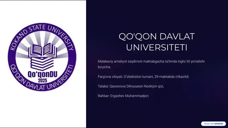 Malakaviy amaliyot taqdimoti maktabgacha ta'limda ingliz tili yo'nalishi bo'yicha