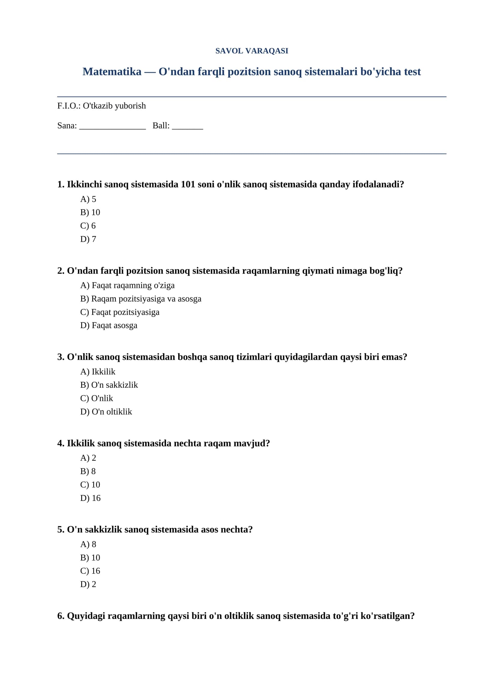 Matematika — O'ndan farqli pozitsion sanoq sistemalari bo'yicha test