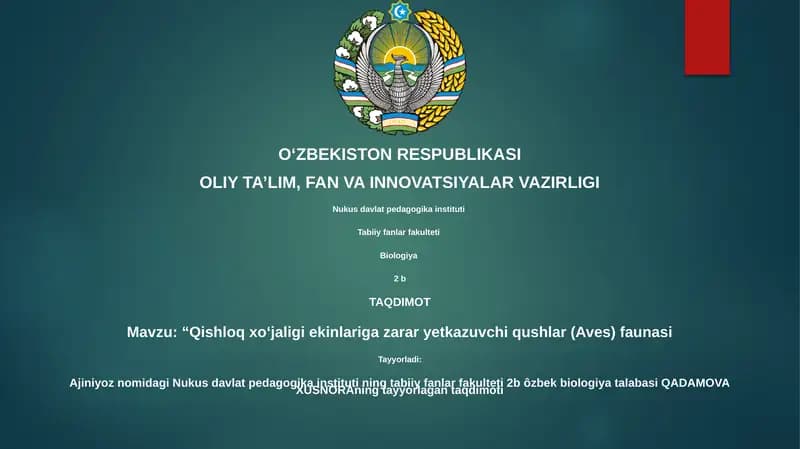 Qishloq xo‘jaligi ekinlariga zarar yetkazuvchi qushlar (Aves) faunasi