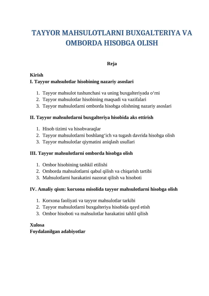 Tayyor mahsulotlarni buxgalteriya va omborda hisobga olish