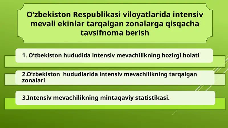 O‘zbekiston Respublikasi viloyatlarida intensiv mevali ekinlar tarqalgan zonalarga qisqacha tavsifnoma berish