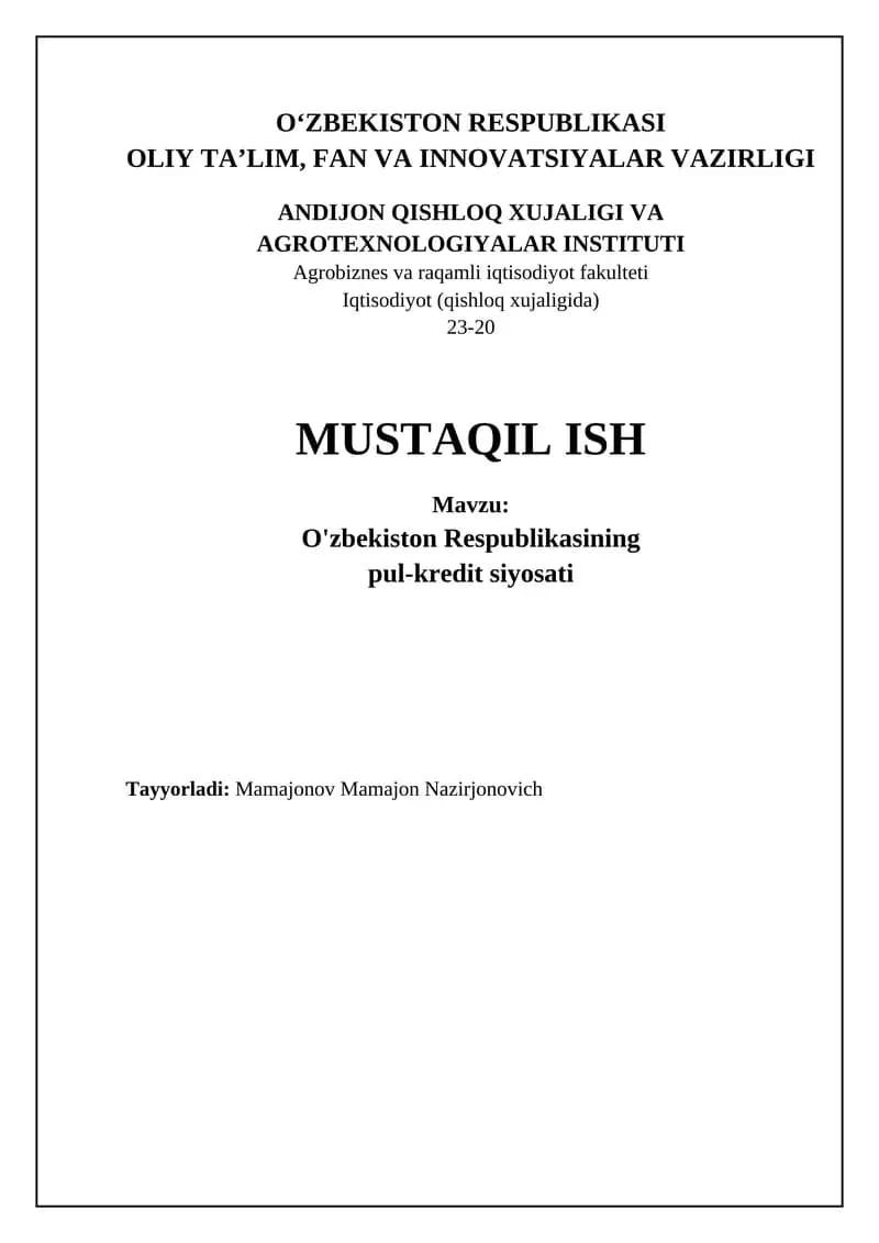 O'zbekiston Respublikasining pul-kredit siyosati