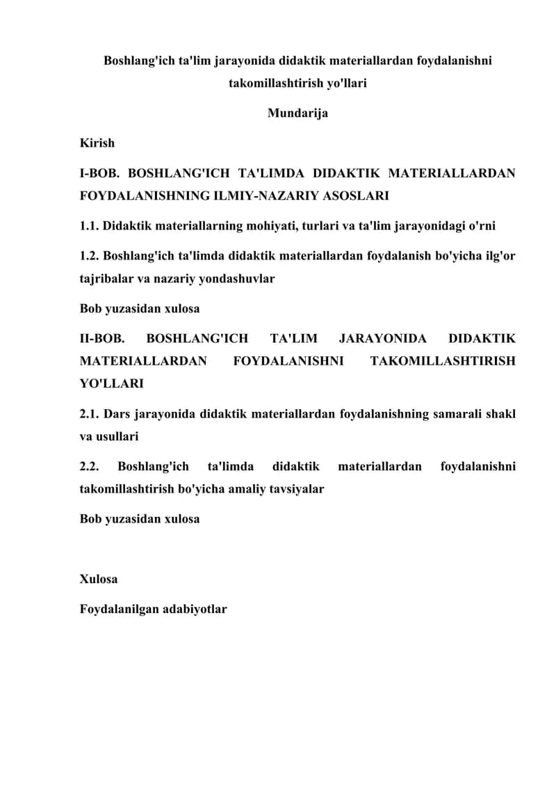 Boshlang'ich ta'lim jarayonida didaktik materiallardan foydalanishni takomillashtirish yo'llari