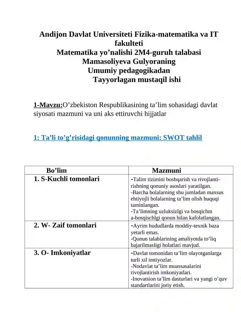 O’zbekiston Respublikasining ta’lim sohasidagi davlat siyosati
