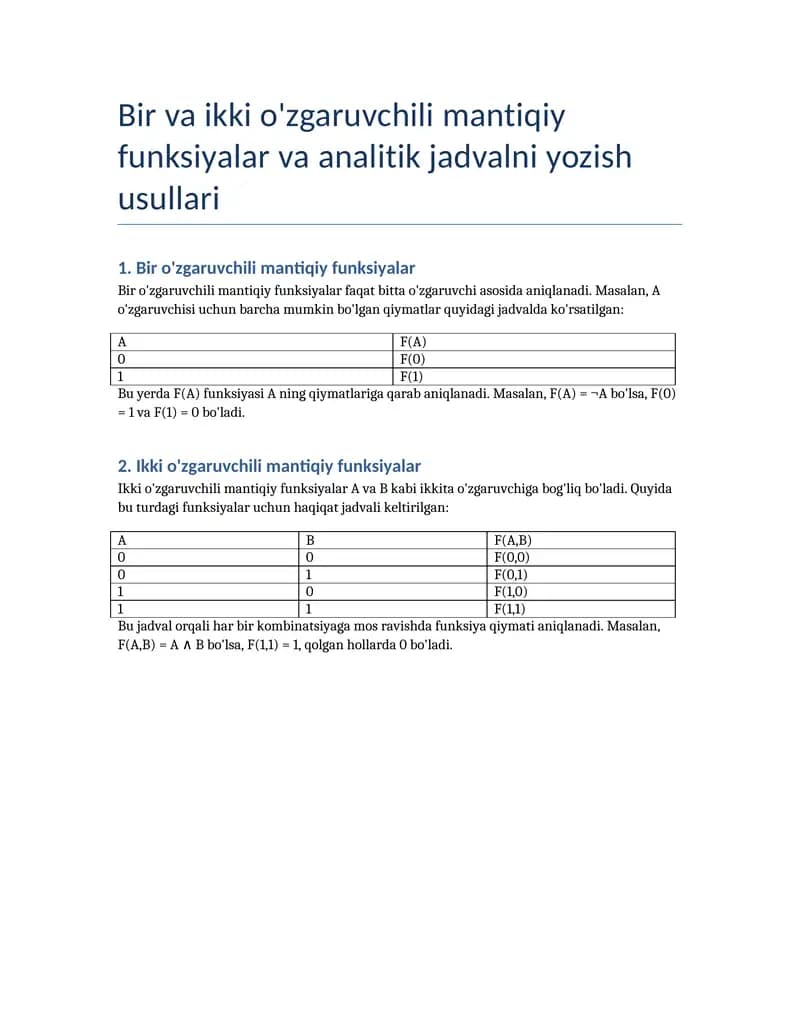 Bir va ikki o'zgaruvchili mantiqiy funksiyalar va analitik jadvalni yozish usullari