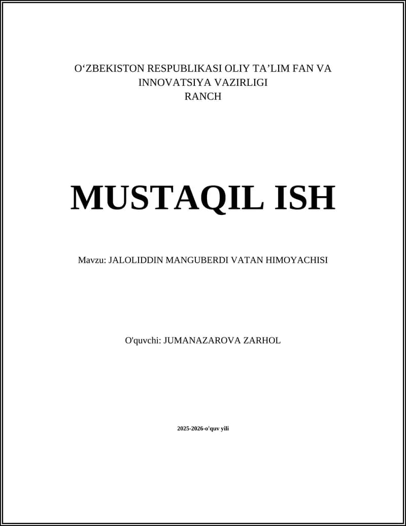 JALOLIDDIN MANGUBERDI VATAN HIMOYACHISI