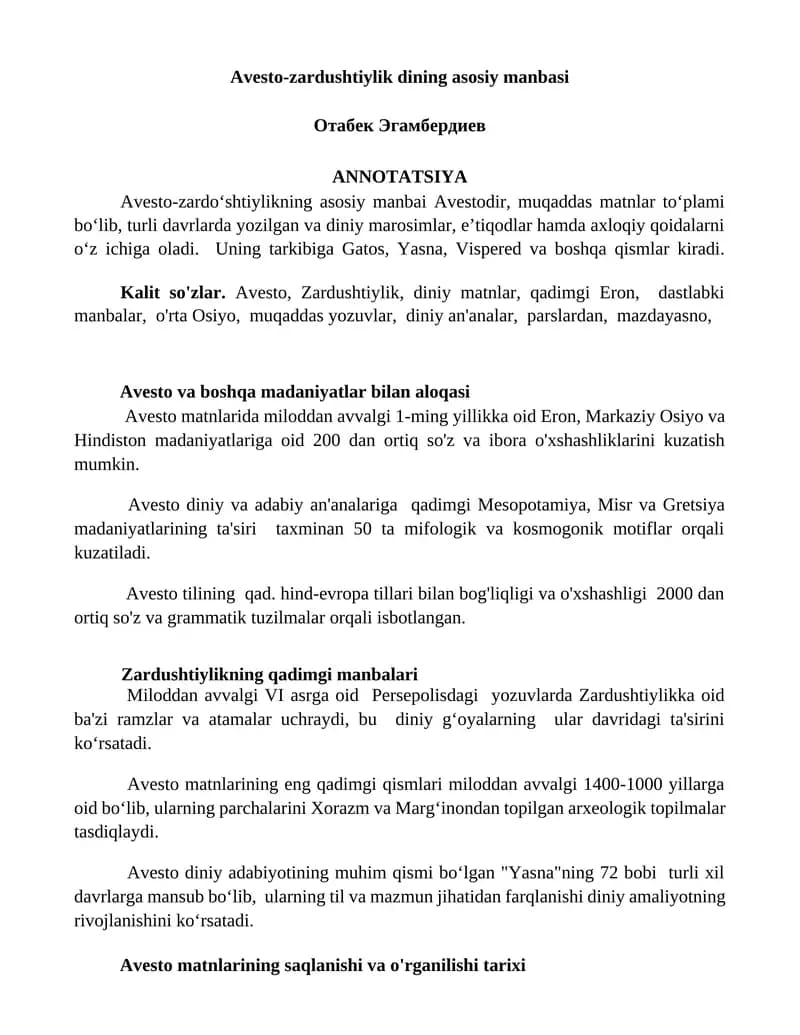 Avesto-zardushtiylik dining asosiy manbasi