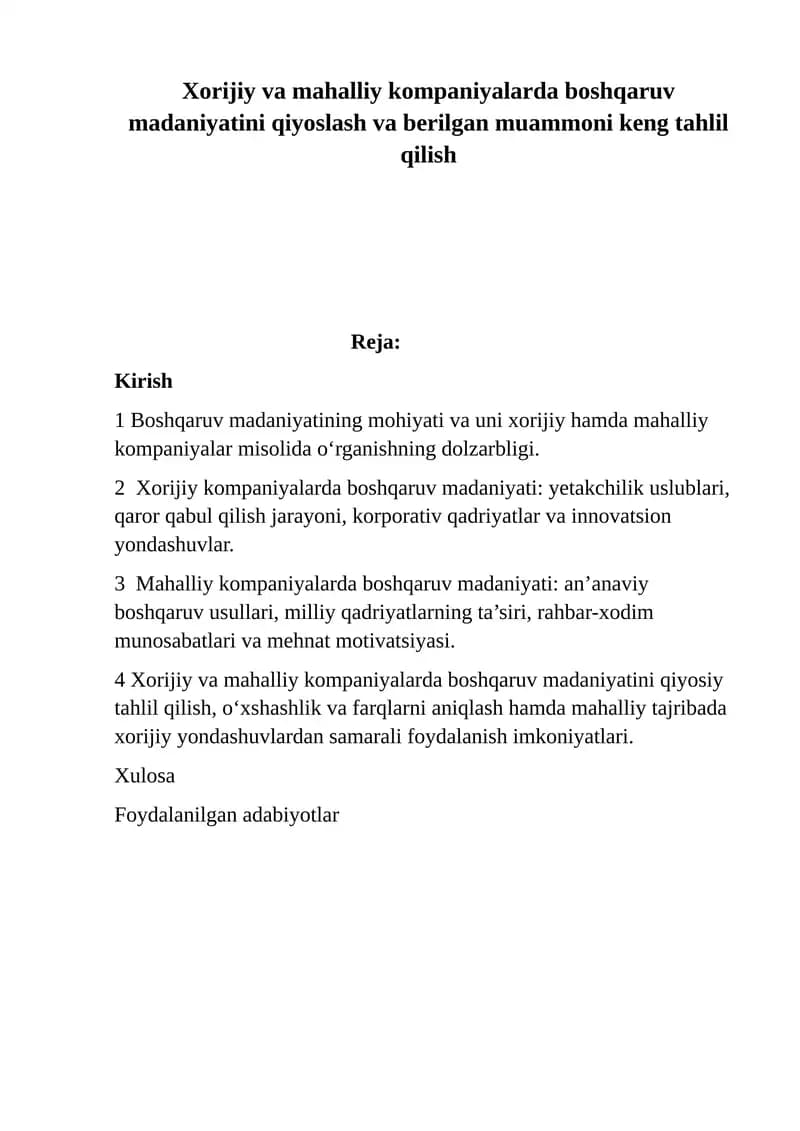 Boshqaruv Madaniyati Qiyoslash va Tahlil Qilish