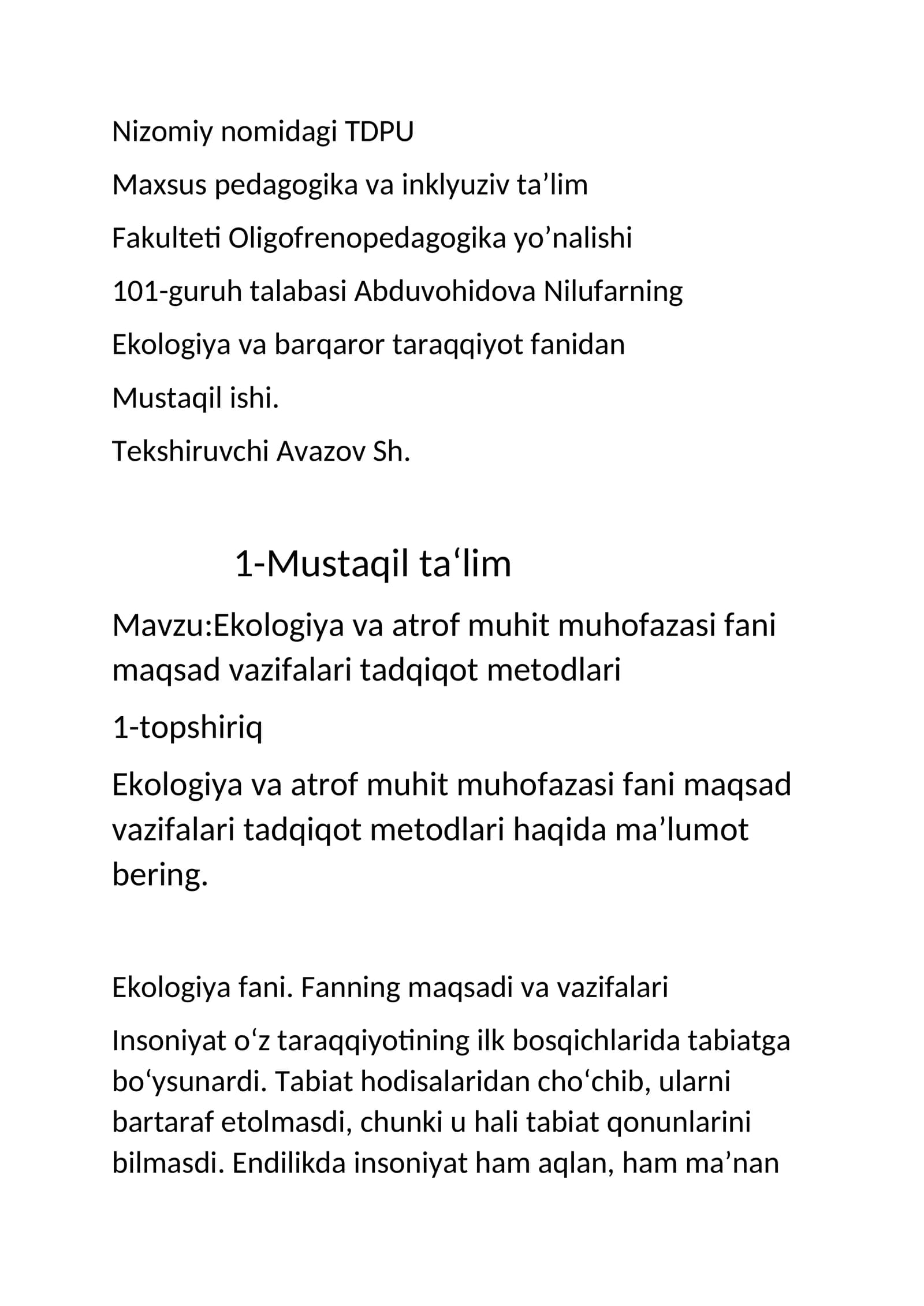 Ekologiya va atrof muhit muhofazasi fani maqsad vazifalari tadqiqot metodlari