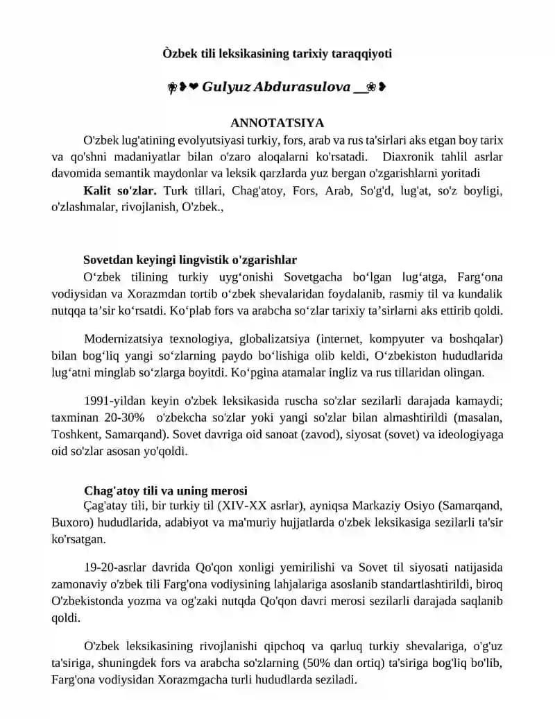 O'zbek tili leksikasining tarixiy taraqqiyoti