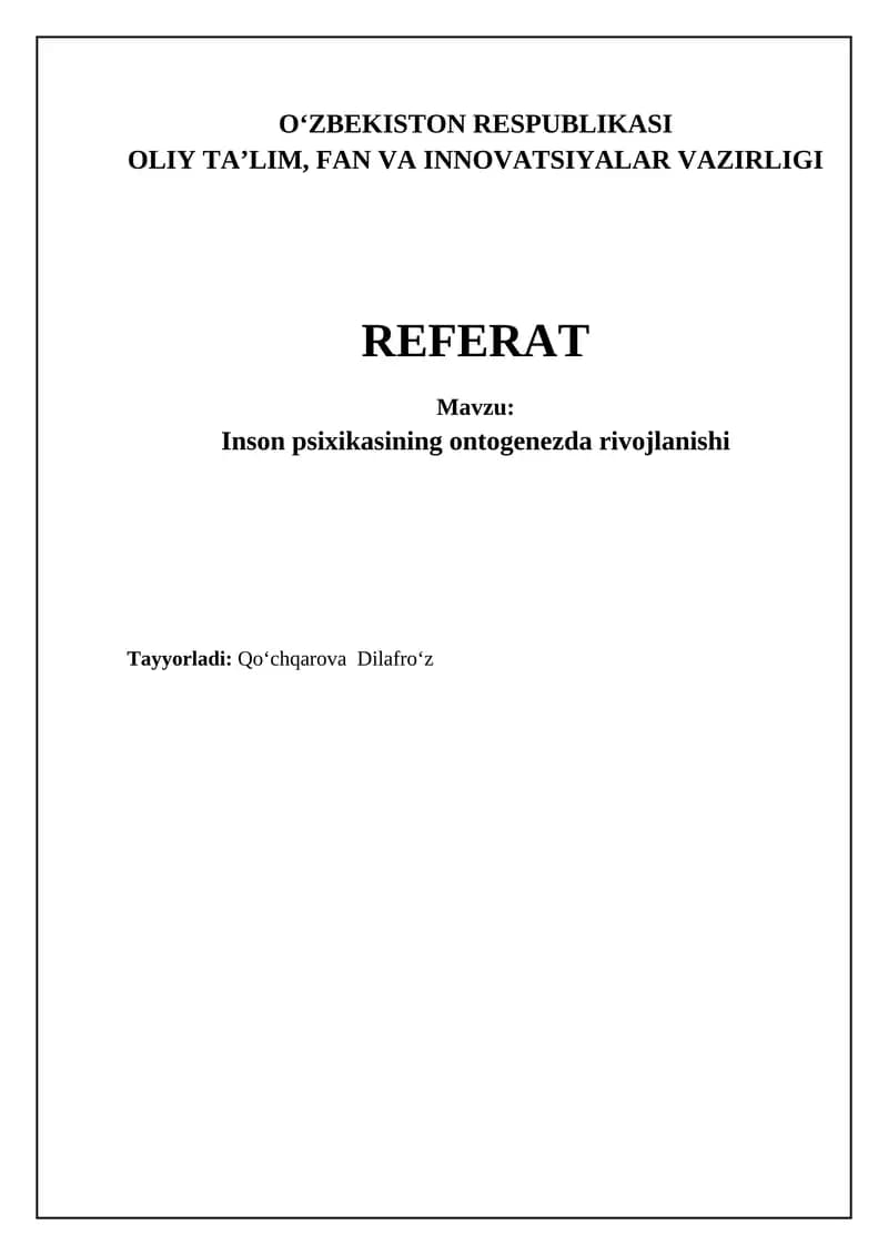 Inson psixikasining ontogenezda rivojlanishi