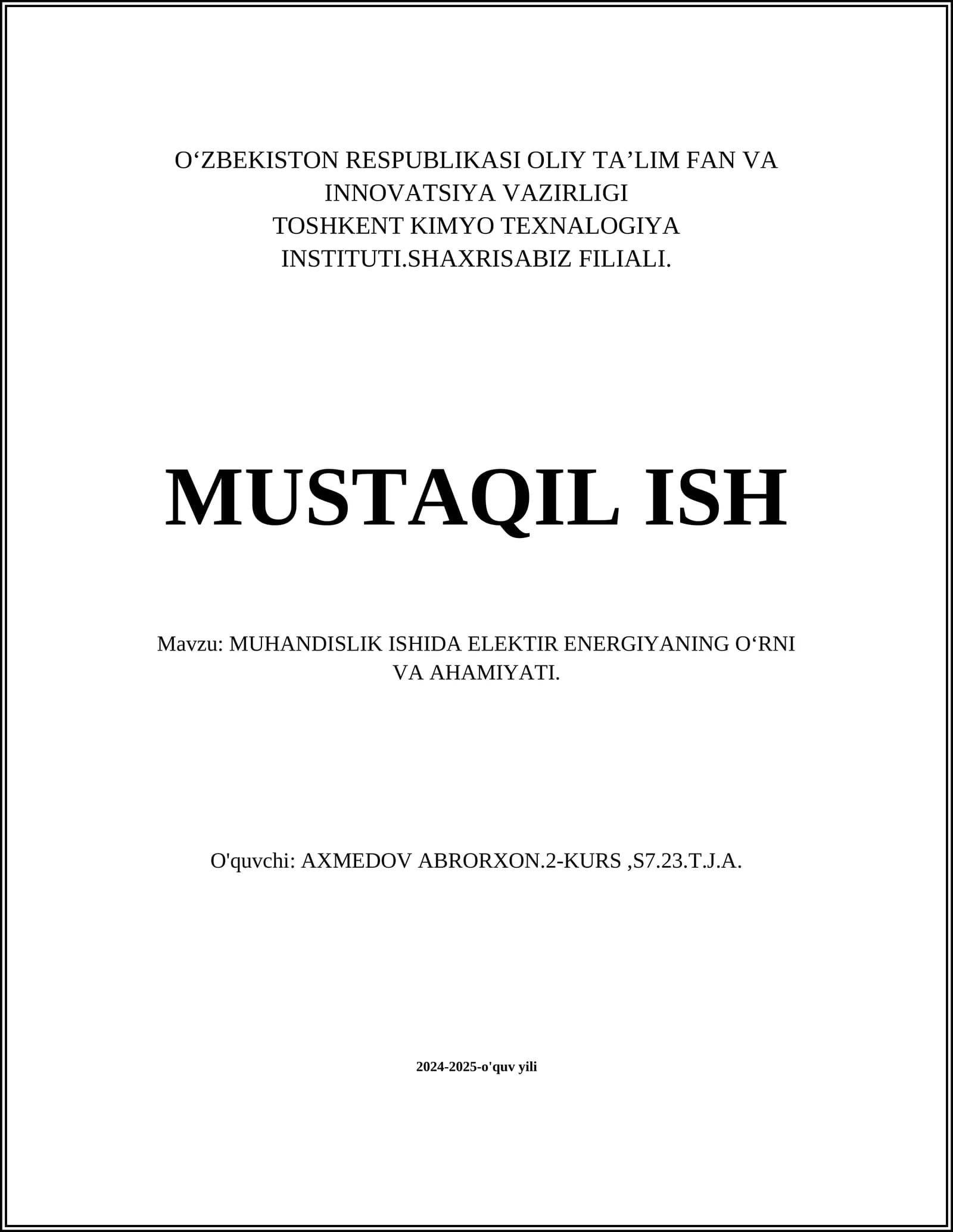 MUHANDISLIK ISHIDA ELEKTIR ENERGIYANING O‘RNI VA AHAMIYATI